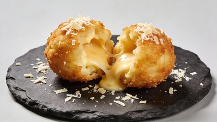 Oozing Cheese Ball (Stuffed with Melted Cheese) Topped with Shredded Parmesan, Served on Black Slate Platter (Gourmet Appetizer)