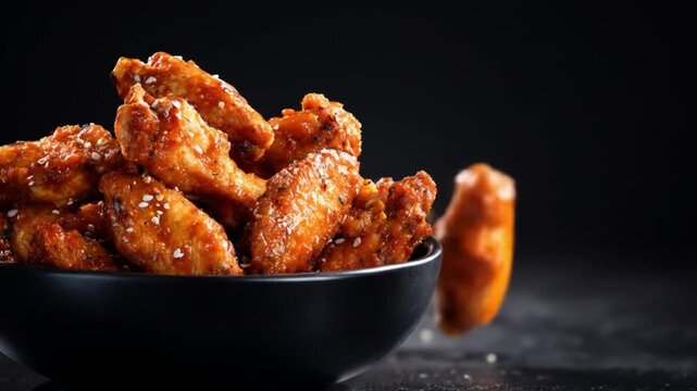 Crispy fried chicken wings piled in a dark bowl, glossy, peppery glaze, steam rising invitingly now
