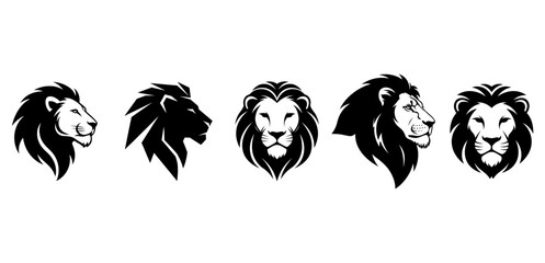 Collection of Majestic Lion Head Logos and Profiles in Bold Black and White Graphic Style, Ideal for Branding and Emblems in Vector Format