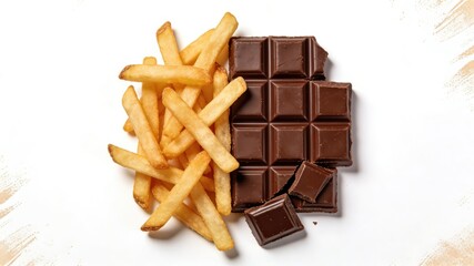 Crispy French Fries with Dark Chocolate Bar, Served on White Background with Gold Brush Strokes (Sweet-Savory Food Pairing)