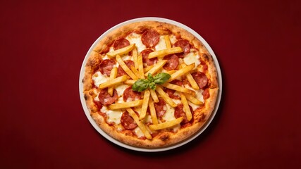 Pepperoni Pizza Topped with Crispy French Fries and Fresh Basil Leaf, Served on White Plate Against Red Background (Unconventional Pizza Topping)