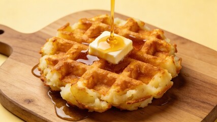Potato Waffle Topped with Butter and Drizzling Syrup, Served on Wooden Cutting Board Against Yellow Background (Savory Waffle Breakfast)