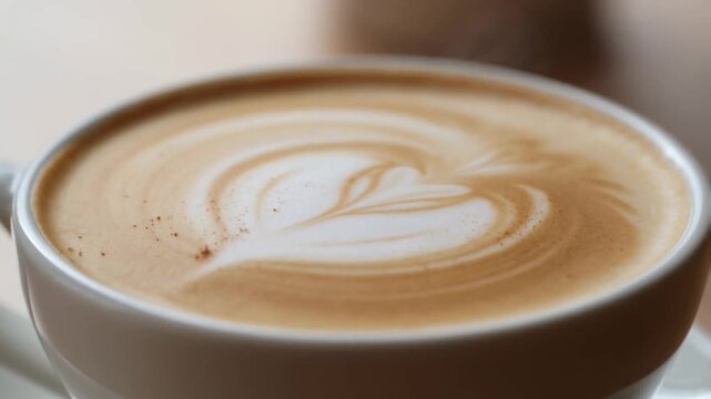 Macro shot of thick foam with latte art and cinnamon on a steamy cappuccino cup in side light, perfect winter morning concept
