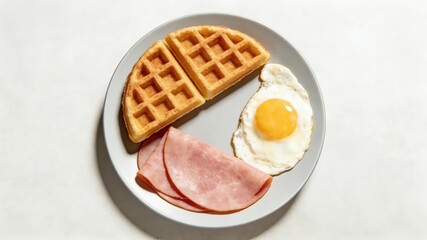 Savory Waffle Breakfast Platter with Fried Egg and Ham Slices, Served on Light Gray Plate (Brunch Meal)