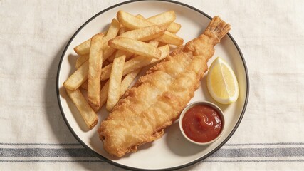 Whole Crispy Fried Fish with French Fries, Lemon Wedge and Ketchup, Served on White Plate with Black Rim (Classic Fish and Chips)