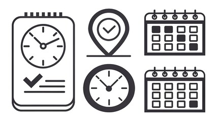 a collection of black and white icons depicting clocks calendars a location marker and a checklist showcasing time management high-quality