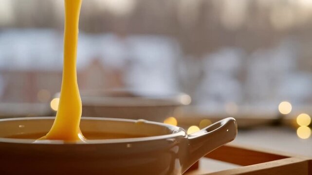 Super slow motion footage of a stretching string of melted fondue cheese on a wooden fork under a string of fairy lights against a window, concept of tempting food and warmth