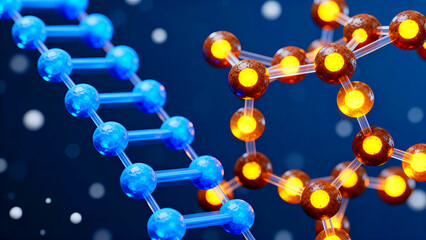 Abstract 3d rendering of glowing blue and orange molecular structures illustrating complex chemical bonds, dna helix, and scientific research concepts