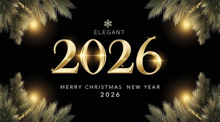 Elegant 2026 Happy New Year and Merry Christmas Greeting with Golden Metallic Typography on Dark Background