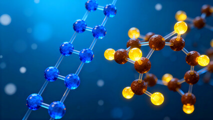 3d rendering of complex molecular structures with vibrant blue and glowing amber spheres illustrating chemical bonds and scientific research concepts