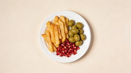 Crispy French Fries with Green Olives and Pomegranate Seeds, Served on White Plate (Colorful Savory Snack Platter)