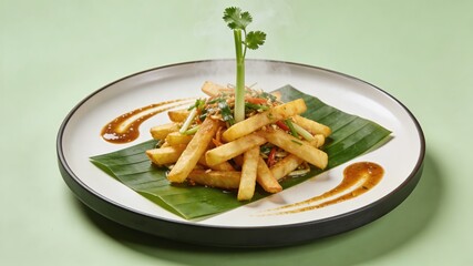 Thai-Style Stir-Fried French Fries with Vegetables and Sauce, Served on Banana Leaf (Asian-Inspired Savory Snack)