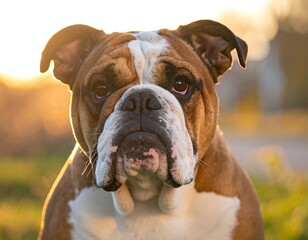 Close-up of a bulldog with a distinctive wrinkly face at sunset