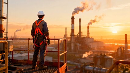 Industrial safety engineer wearing full harness and hard hat inspects a vast chemical refinery complex during a vibrant, warm sunrise or sunset.