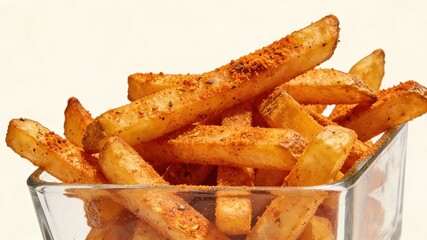 Spiced Crispy French Fries in Clear Glass Bowl (Flavorful Savory Snack)