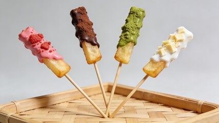 Creative Flavored French Fries Skewers (Four Varieties) Served in Bamboo Basket (Gourmet Snack Bites)
