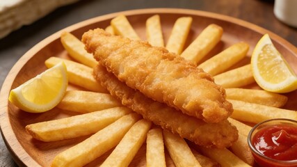 Classic Fish Fingers with French Fries, Lemon Wedges and Ketchup, Served on Wooden Plate (Traditional Fast Food Meal)