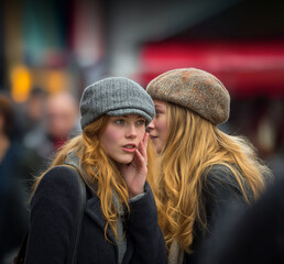 Two young women wearing hats and coats standing in a crowded urban environment, one whispering to the other, creating an engaging moment symbolizing gossip, with copy space