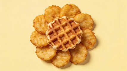 Flower-Shaped Arrangement of Savory Waffles and Hash Browns on Yellow Background (Decorative Breakfast Platter)