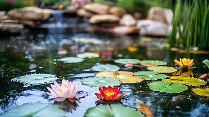 Tranquil pond scene with vibrant water lilies and lily pads natural environment
