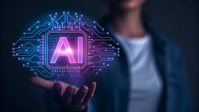 Woman holding glowing AI chip in hand representing artificial intelligence - Powered by Adobe