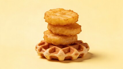Stacked Hash Browns on Savory Waffle, Served on Yellow Background (Creative Breakfast Stack)