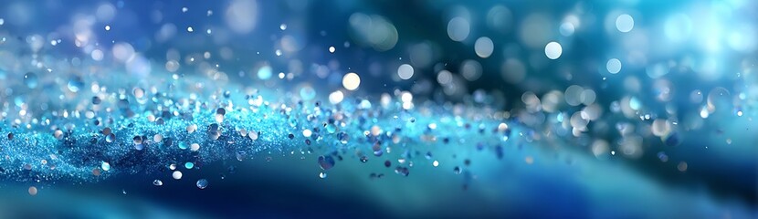Fototapeta premium Panoramic abstract background blue glitter particles soft bokeh smooth gradient modern stock banner style