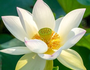 Close-up of a delicate white lotus flower in full bloom