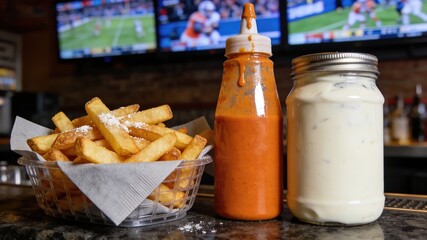 Bar-Style Crispy French Fries with Powdered Sugar and Dipping Sauces, Served Against Sports Game Background (Pub Snack)