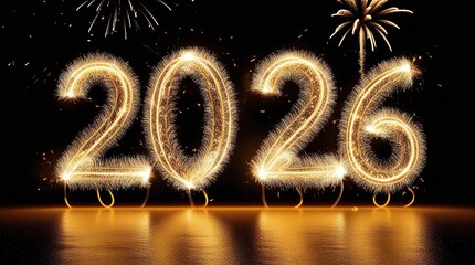 Elegant 2026 Happy New Year and Merry Christmas Greeting with Golden Metallic Typography on Dark Background