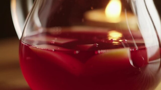Macro shot of rising bubbles in ruby ​​non-alcoholic mulled wine in a glass teapot by candlelight, family holiday drink concept