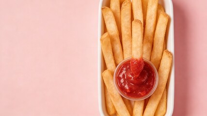 Crispy French Fries with Strawberry Jam Dipping Sauce in White Rectangular Container (Sweet-Savory Snack)