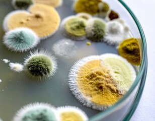 Close-up of petri dish with colorful fungal colonies growing on agar