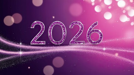 Stylish 2026 New Year Background with Glitter Typography on Pink and Purple Gradient with Bokeh Lights
