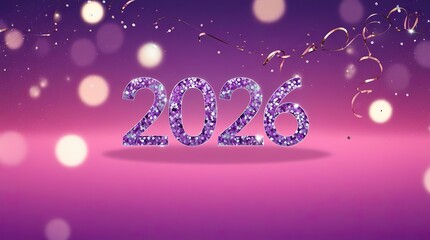 Stylish 2026 New Year Background with Glitter Typography on Pink and Purple Gradient with Bokeh Lights