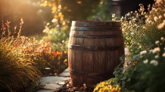 Old wooden barrel standing in a garden at sunset