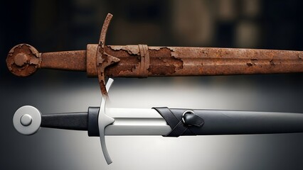 Juxtaposition of a Rusted Medieval Sword and a New Sword in Scabbard