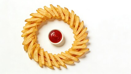 Crispy French Fries Arranged in Circular Wreath with Ketchup Dipping Sauce (Decorative Snack Platter)