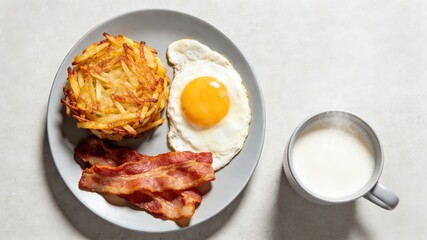 Breakfast Platter with Hash Brown, Fried Egg, Bacon and Milk (Savory Morning Meal)