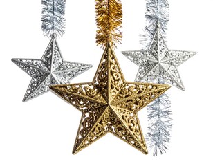 Obraz premium Three ornate stars hang from silver and gold tinsel against a bright white backdrop