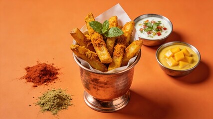 Indian-Style Spiced Crispy French Fries with Raita and Mango Chutney (Exotic Savory Snack)