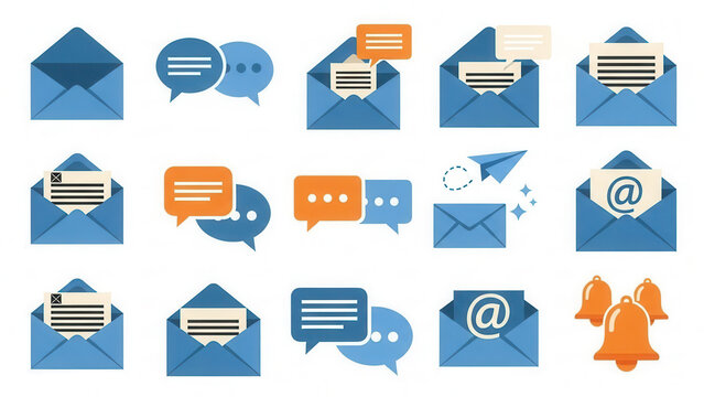 Collection of digital communication icons including email envelopes and messaging symbols - Powered by Adobe