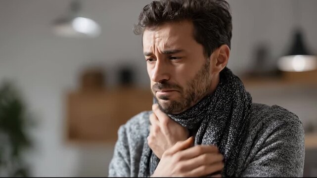 Sick man suffering from sore throat is touching his neck at home