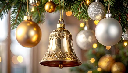 Close-up of festive, elegant decorations on a Christmas tree with a blurred background