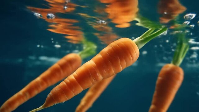 Underwater view of orange carrots with green tops drifting through blue water, sunlight shimmering.