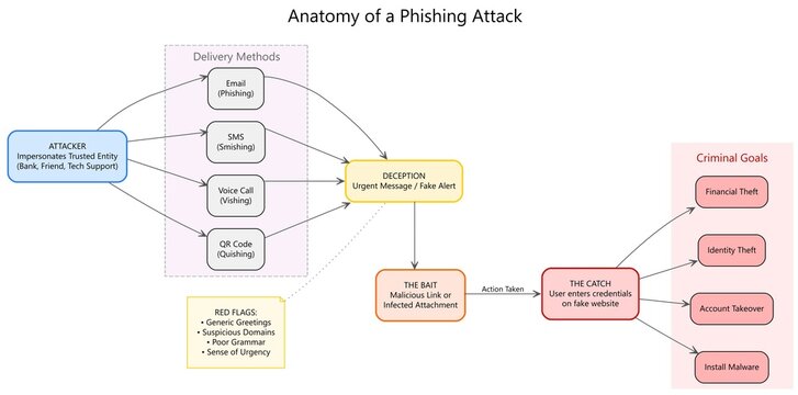 Cybersecurity Phishing Attack Flowchart: Deceptive Email Scams, Identity Theft, and Data Breach Infographic