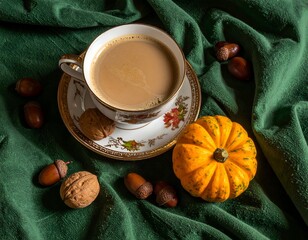 Overhead still life with a teacup, pumpkin, acorns, and nuts on a green fabric