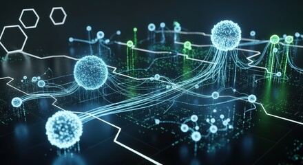 Glowing digital spheres interconnect across a dark, illuminated circuit board surface