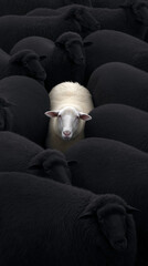 One white sheep standing among a group of black sheep, symbolizing uniqueness, individuality, positivity, and originality. Copy space, vertical 9:16 composition