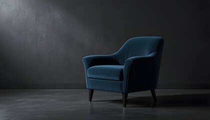 A blue armchair stands alone in a dimly lit room with a spotlight shining on it